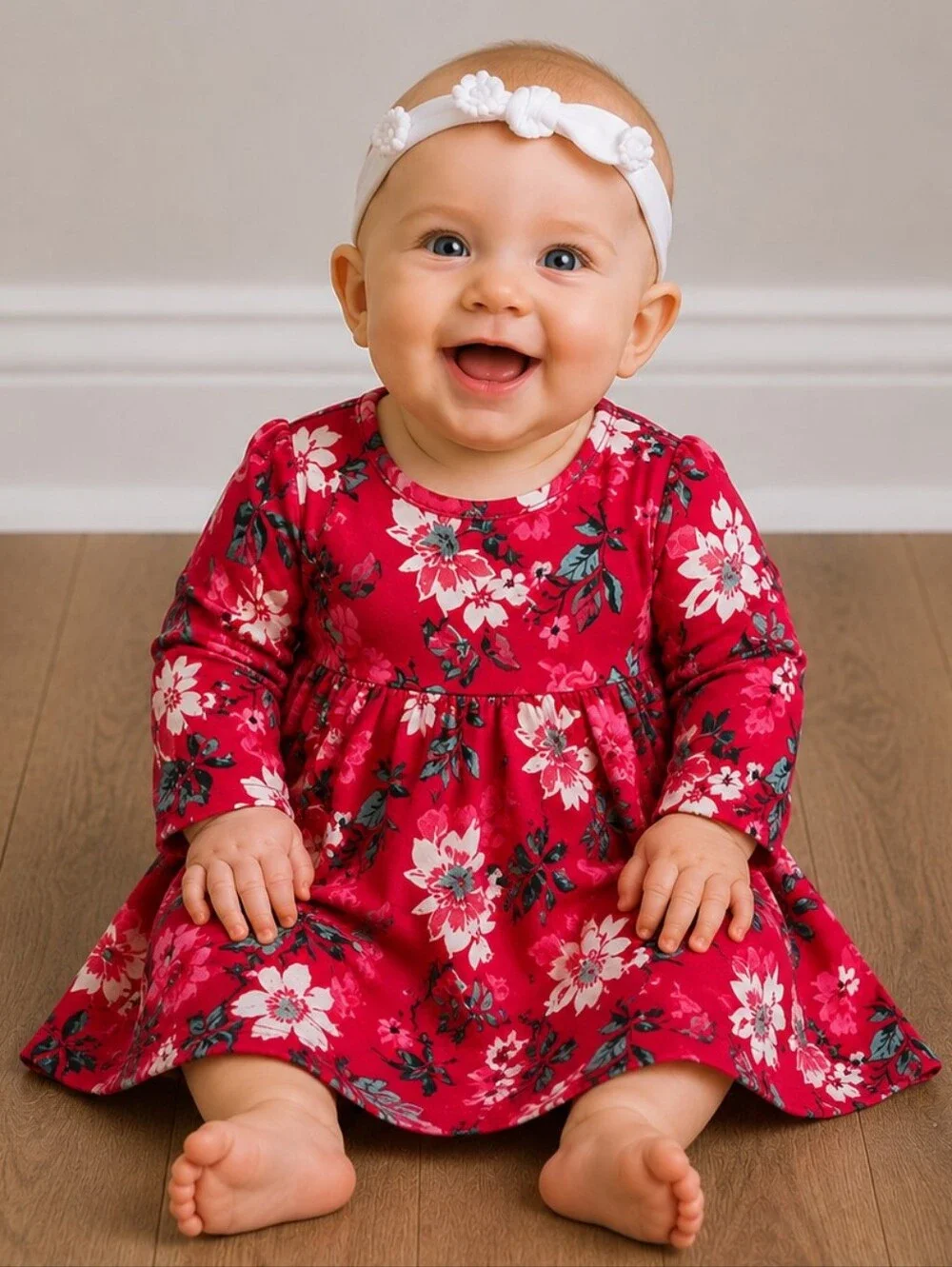 0-3 Floral Red Baby Dress with Headband